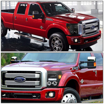 D-Motoring - Headlights - LED Halo Ring - Black Housing - Amber Corner - Projector - Plug-n-Play - Pair - Ford F-250 / 350 / 450 / 550 Super Duty - 7