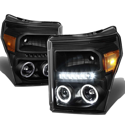 D-Motoring - Headlights - LED Halo Ring - Black Housing - Amber Corner - Projector - Plug-n-Play - Pair - Ford F-250 / 350 / 450 / 550 Super Duty - 1