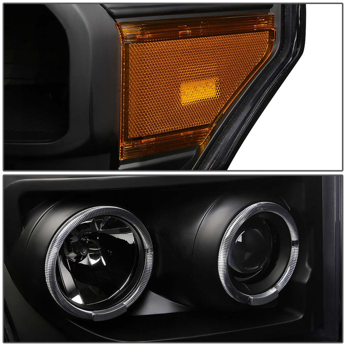 D-Motoring - Headlights - LED Halo Ring - Black Housing - Amber Corner - Projector - Plug-n-Play - Pair - Ford F-250 / 350 / 450 / 550 Super Duty - 3