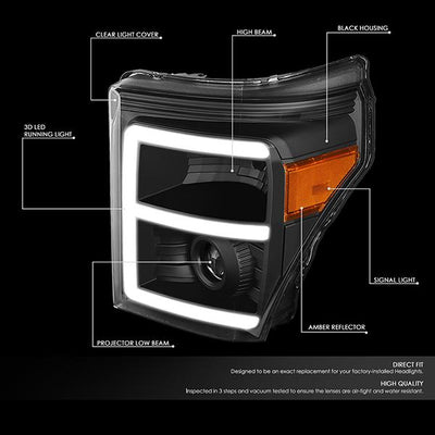 11-16 Ford F250 F350 Super Duty Headlights - 3D LED DRL - Clear Lens - Amber Corner - Projector - Pair - HL-HPL-LED-FSU13-BK-AM-T2 - 2