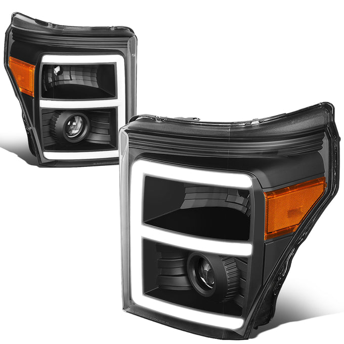 11-16-ford-f250-f350-super-duty-headlights-3d-led-drl-clear-lens-amber-corner-projector-pair-hl-hpl-led-fsu13-bk-am-t2 - 2