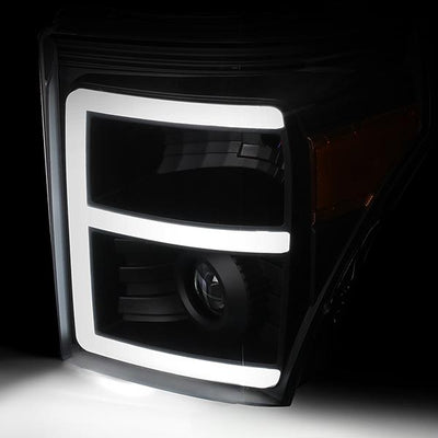 11-16 Ford F250 F350 Super Duty Headlights - 3D LED DRL - Clear Lens - Amber Corner - Projector - Pair - HL-HPL-LED-FSU13-BK-AM-T2 - 3