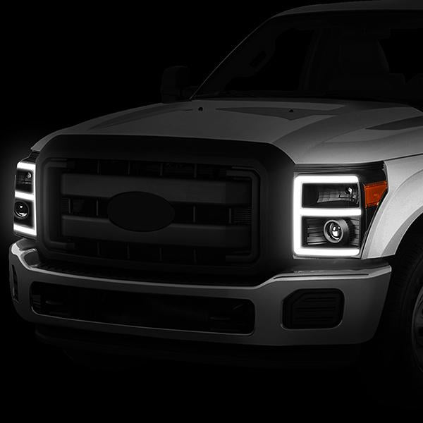 11-16 Ford F250 F350 Super Duty Headlights - 3D LED DRL - Clear Lens - Amber Corner - Projector - Pair - HL-HPL-LED-FSU13-BK-AM-T2 - 10