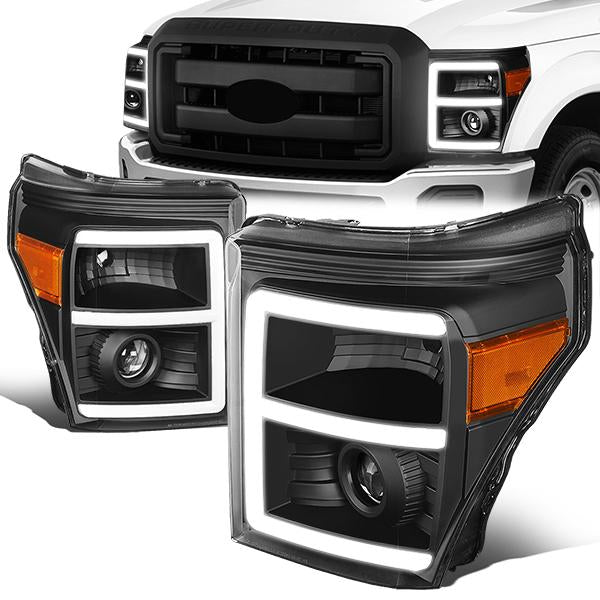 11-16 Ford F250 F350 Super Duty Headlights - 3D LED DRL - Clear Lens - Amber Corner - Projector - Pair - HL-HPL-LED-FSU13-BK-AM-T2 - 1