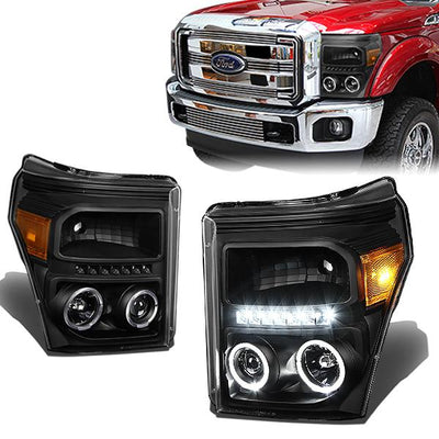 11-16 Ford F-250 F350 F450 F550 Super Duty Headlights - LED Halo Ring - Black Housing - Amber Corner - Projector - Plug-n-Play - Pair
