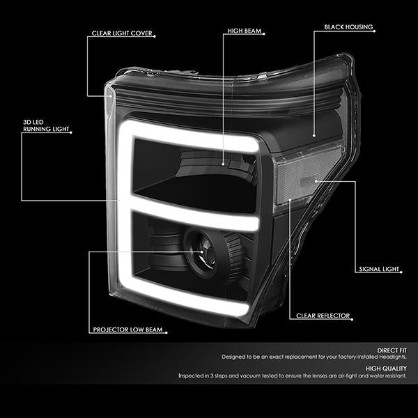 11-16 Ford F250 F350 Super Duty Headlights - 3D LED DRL - Clear Lens - Clear Corner - Projector - Pair - HL-HPL-LED-FSU13-BK-CL1-T2 - 2