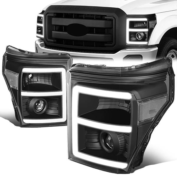 11-16 Ford F250 F350 Super Duty Headlights - 3D LED DRL - Clear Lens - Clear Corner - Projector - Pair - HL-HPL-LED-FSU13-BK-CL1-T2 - 1
