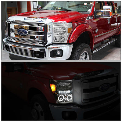 D-Motoring - Headlights - LED Halo Ring - Chrome Housing - Amber Corner - Projector - Plug-n-Play - Pair - Ford F-250 / 350 / 450 / 550 Super Duty - 6
