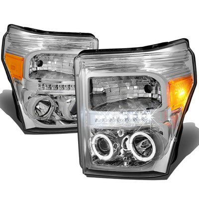 D-Motoring - Headlights - LED Halo Ring - Chrome Housing - Amber Corner - Projector - Plug-n-Play - Pair - Ford F-250 / 350 / 450 / 550 Super Duty - 1