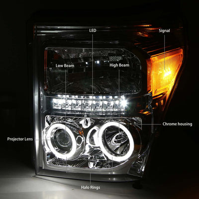 D-Motoring - Headlights - LED Halo Ring - Chrome Housing - Amber Corner - Projector - Plug-n-Play - Pair - Ford F-250 / 350 / 450 / 550 Super Duty - 4