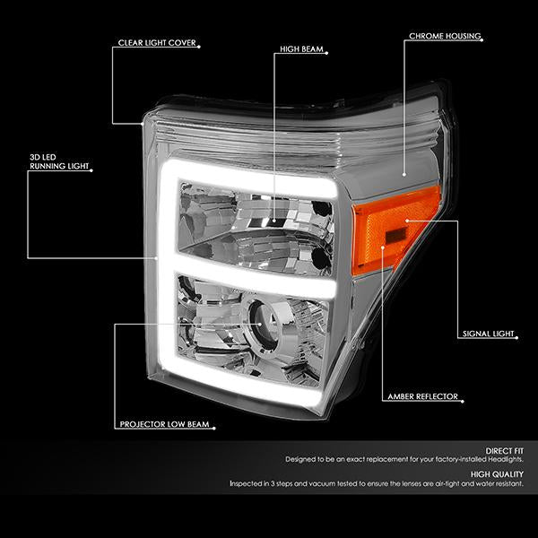 11-16 Ford F-250 F-350 F-450 F-550 Super Duty Headlights - LED E-Bar DRL - Front Bumper - Clear Lens - Amber Corner - Projector - Pair - HL-HPL-LED-FSU13-CH-AM-T2 - 2