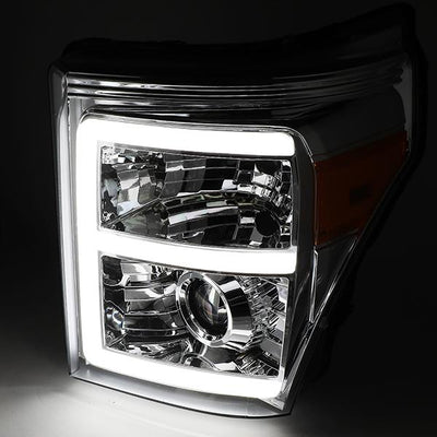 11-16 Ford F-250 F-350 F-450 F-550 Super Duty Headlights - LED E-Bar DRL - Front Bumper - Clear Lens - Amber Corner - Projector - Pair - HL-HPL-LED-FSU13-CH-AM-T2 - 3