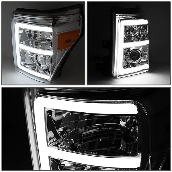 11-16 Ford F-250 F-350 F-450 F-550 Super Duty Headlights - LED E-Bar DRL - Front Bumper - Clear Lens - Amber Corner - Projector - Pair - HL-HPL-LED-FSU13-CH-AM-T2 - 4
