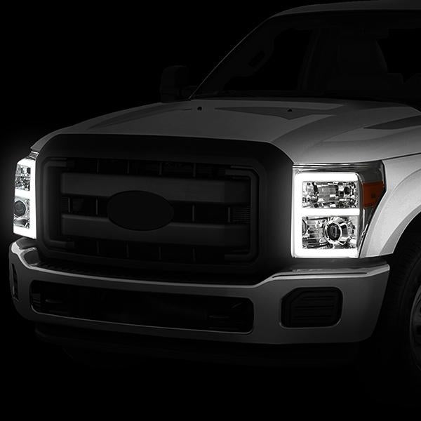 11-16 Ford F-250 F-350 F-450 F-550 Super Duty Headlights - LED E-Bar DRL - Front Bumper - Clear Lens - Amber Corner - Projector - Pair - HL-HPL-LED-FSU13-CH-AM-T2 - 10