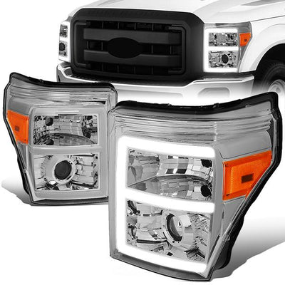 11-16 Ford F-250 F-350 F-450 F-550 Super Duty Headlights - LED E-Bar DRL - Front Bumper - Clear Lens - Amber Corner - Projector - Pair - HL-HPL-LED-FSU13-CH-AM-T2 - 1