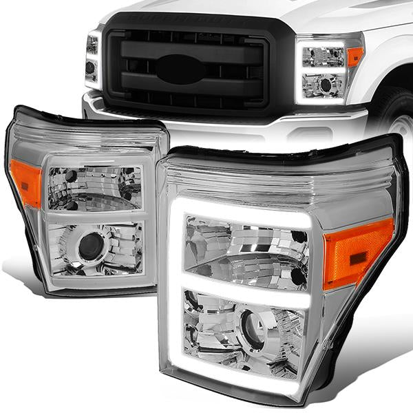 11-16 Ford F-250 F-350 F-450 F-550 Super Duty Headlights - LED E-Bar DRL - Front Bumper - Clear Lens - Amber Corner - Projector - Pair - HL-HPL-LED-FSU13-CH-AM-T2 - 1