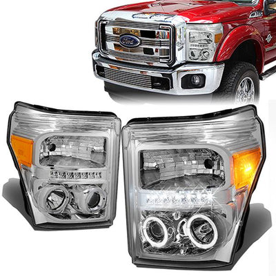 11-16 Ford F-250 350 450 550 Super Duty Headlights - LED Halo Ring - Chrome Housing - Amber Corner - Projector - Plug-n-Play - Pair