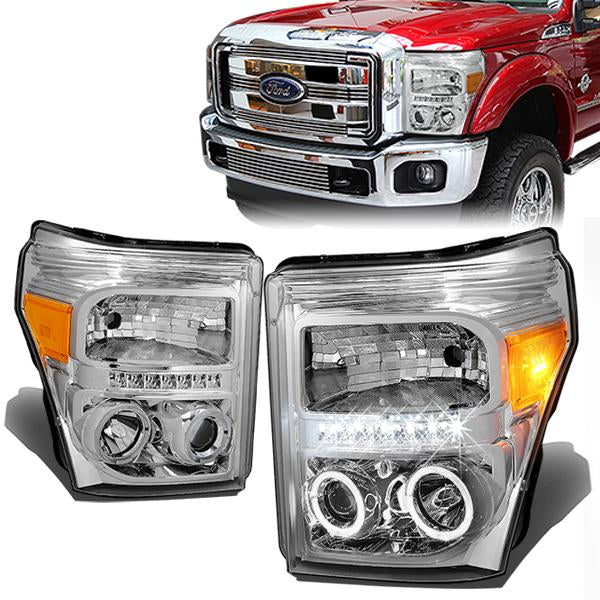 11-16 Ford F-250 350 450 550 Super Duty Headlights - LED Halo Ring - Chrome Housing - Amber Corner - Projector - Plug-n-Play - Pair