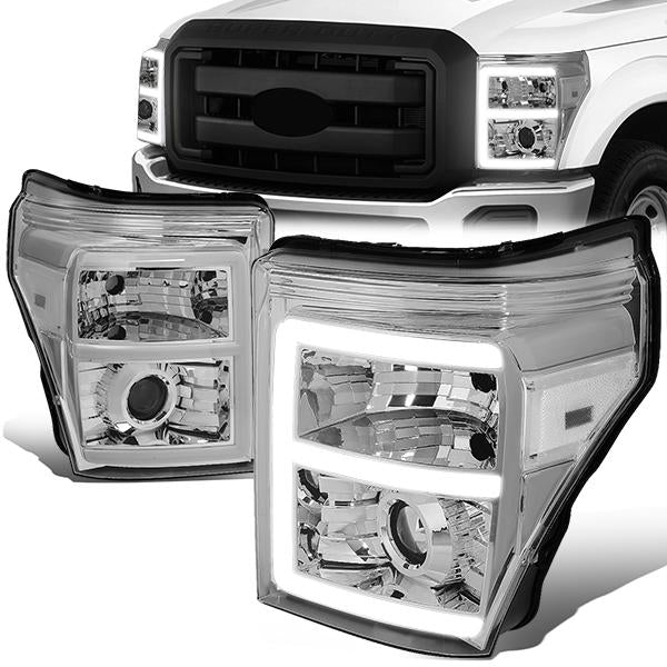 11-16 Ford F250 F350 Super Duty Headlights - 3D LED DRL - Clear Lens - Clear Corner - Projector - Pair - HL-HPL-LED-FSU13-CH-CL1-T2 - 1