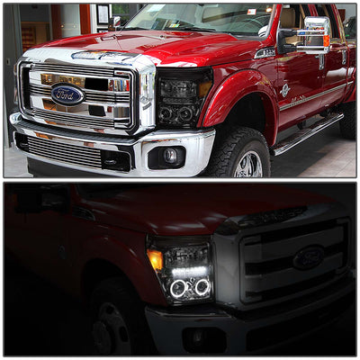 D-Motoring - Headlights - LED Halo Ring - Smoked Lens - Amber Corner - Projector - Plug-n-Play - Pair - Ford F-250 / 350 / 450 / 550 Super Duty - 6