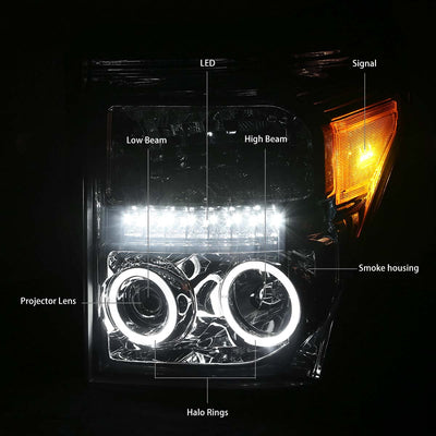 D-Motoring - Headlights - LED Halo Ring - Smoked Lens - Amber Corner - Projector - Plug-n-Play - Pair - Ford F-250 / 350 / 450 / 550 Super Duty - 4