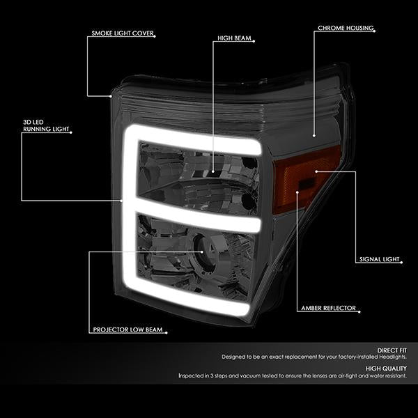 11-16 Ford F250 F350 Super Duty Headlights - 3D LED DRL - Smoked Lens - Amber Corner - Projector - Pair - HL-HPL-LED-FSU13-SM-AM-T2 - 2