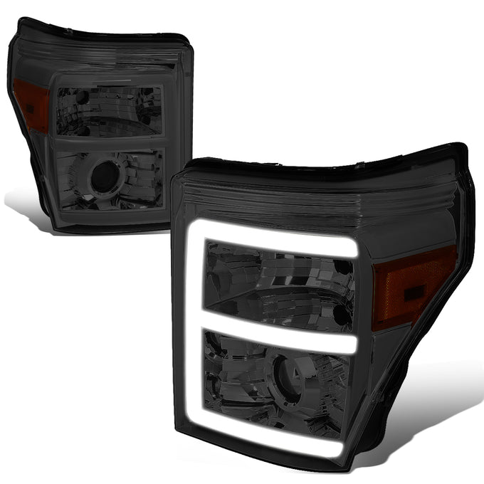 11-16-ford-f250-f350-super-duty-headlights-3d-led-drl-smoked-lens-amber-corner-projector-pair-hl-hpl-led-fsu13-sm-am-t2 - 2