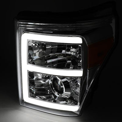11-16 Ford F250 F350 Super Duty Headlights - 3D LED DRL - Smoked Lens - Amber Corner - Projector - Pair - HL-HPL-LED-FSU13-SM-AM-T2 - 3