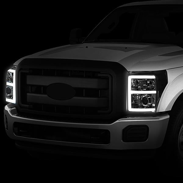 11-16 Ford F250 F350 Super Duty Headlights - 3D LED DRL - Smoked Lens - Amber Corner - Projector - Pair - HL-HPL-LED-FSU13-SM-AM-T2 - 10