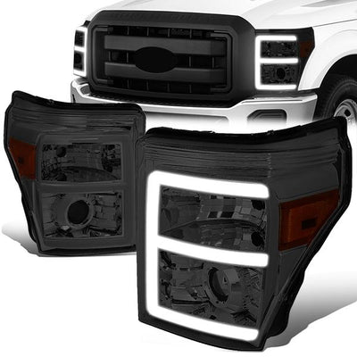 11-16 Ford F250 F350 Super Duty Headlights - 3D LED DRL - Smoked Lens - Amber Corner - Projector - Pair - HL-HPL-LED-FSU13-SM-AM-T2 - 1