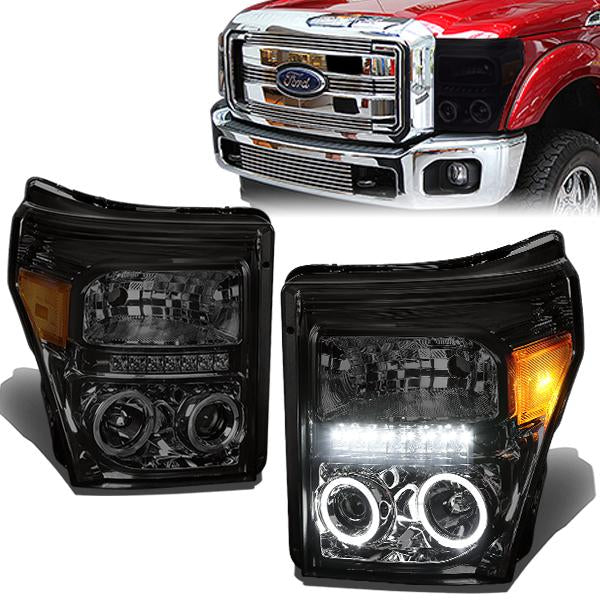 11-16 Ford F-250 350 450 550 Super Duty Headlights - LED Halo Ring - Smoked Housing - Amber Corner - Projector - Plug-n-Play - Pair