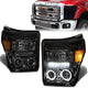 11-16 Ford F-250 350 450 550 Super Duty Headlights - LED Halo Ring - Smoked Housing - Amber Corner - Projector - Plug-n-Play - Pair