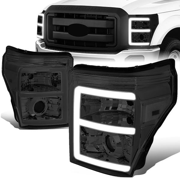 11-16 Ford F-250 F-350 F-450 F-550 Super Duty Headlights - LED E-Bar DRL - Front Bumper - Smoked Lens - Clear Corner - Projector - Pair - HL-HPL-LED-FSU13-SM-CL1-T2 - 1