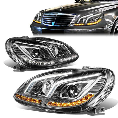 00-06 Mercedes S-Class AMG Headlights - LED DRL+Signal - Black Housing - Clear Lens - Projector - Pair