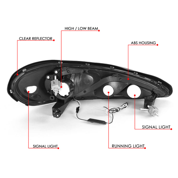 D-Motoring - 99-05 Pontiac Grand AmHeadlights - LED DRL - Smoked Housing - Smoked Lens - Clear Corner - Pair - 6