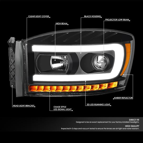 06-09 Ram Truck LED DRL+Sequential Signal Headlights - Clear Lens - Amber Corner - Pair - HL-HPL-RM06-G-BK-AM - 2