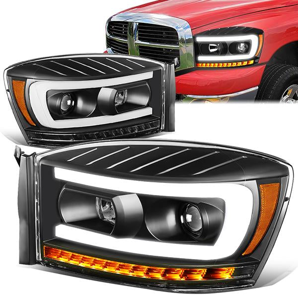 06-09 Ram Truck LED DRL+Sequential Signal Headlights - Clear Lens - Amber Corner - Pair - HL-HPL-RM06-G-BK-AM - 1