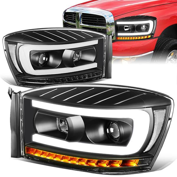 06-09 Ram Truck LED DRL+Sequential Turn Signal Headlights - Clear Lens - Clear Corner - Pair - HL-HPL-RM06-G-BK-CL1 - 1