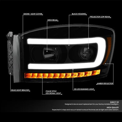 06-09 Ram Truck LED DRL+Sequential Signal Headlights - Smoked Lens - Amber Corner - Pair - HL-HPL-RM06-G-BK-SM-AM - 2