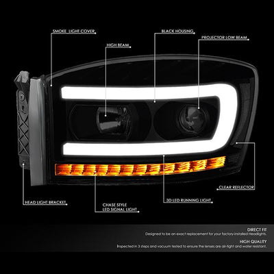 06-09 Ram Truck LED DRL+Sequential Turn Signal Headlights - Smoked Lens - Clear Corner - Pair - HL-HPL-RM06-G-BK-SM-CL1 - 2