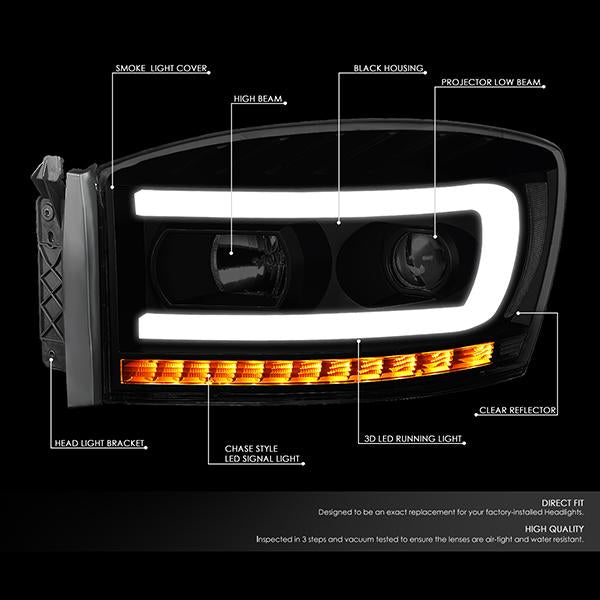 06-09 Ram Truck LED DRL+Sequential Turn Signal Headlights - Smoked Lens - Clear Corner - Pair - HL-HPL-RM06-G-BK-SM-CL1 - 2