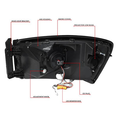 06-09 Ram Truck LED DRL+Sequential Turn Signal Headlights - Smoked Lens - Clear Corner - Pair - HL-HPL-RM06-G-BK-SM-CL1 - 8