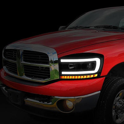 06-09 Ram Truck LED DRL+Sequential Turn Signal Headlights - Smoked Lens - Clear Corner - Pair - HL-HPL-RM06-G-BK-SM-CL1 - 10