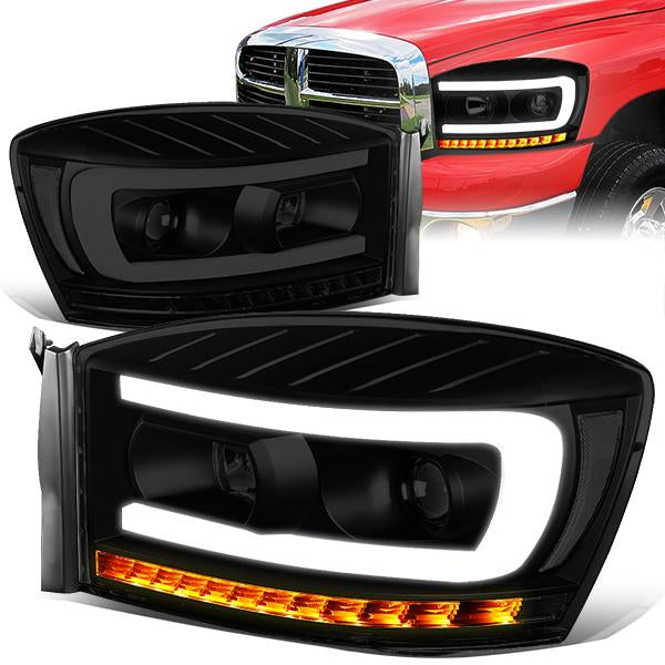 06-09 Ram Truck LED DRL+Sequential Turn Signal Headlights - Smoked Lens - Clear Corner - Pair - HL-HPL-RM06-G-BK-SM-CL1 - 1