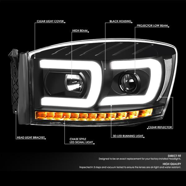 06-09 Ram Truck Dual LED DRL+Sequential Signal Projector Headlights - Clear Lens - Clear Corner - Pair - HL-HPL-RM06-G2-BK-CL1 - 2