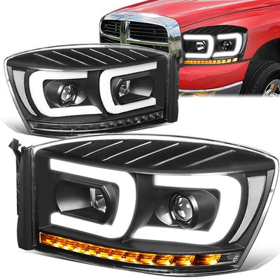 06-09 Ram Truck Dual LED DRL+Sequential Signal Projector Headlights - Clear Lens - Clear Corner - Pair - HL-HPL-RM06-G2-BK-CL1 - 1