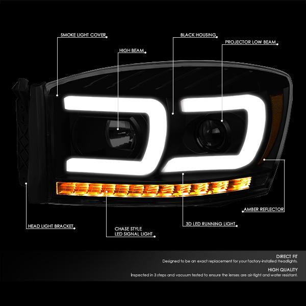 06-09 Ram Truck Dual LED DRL+Sequential Signal Headlights - Smoked Lens - Amber Corner - Pair - HL-HPL-RM06-G2-BK-SM-AM - 2