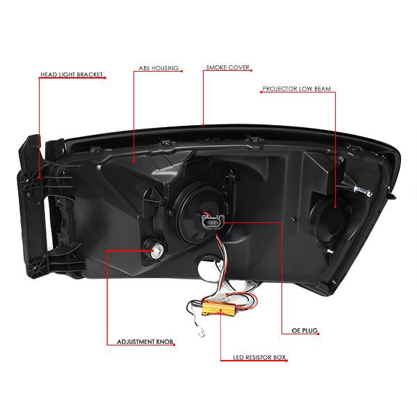 06-09 Ram Truck Dual LED DRL+Sequential Signal Headlights - Smoked Lens - Amber Corner - Pair - HL-HPL-RM06-G2-BK-SM-AM - 8