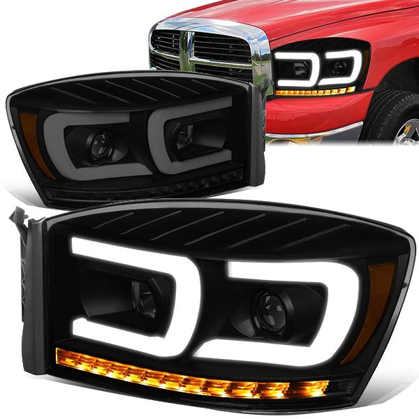 06-09 Ram Truck Dual LED DRL+Sequential Signal Headlights - Smoked Lens - Amber Corner - Pair - HL-HPL-RM06-G2-BK-SM-AM - 1