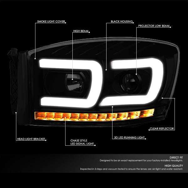 06-09 Ram Truck Dual LED DRL+Sequential Signal Headlights - Smoked Lens - Clear Corner - Pair - HL-HPL-RM06-G2-BK-SM-CL1 - 2